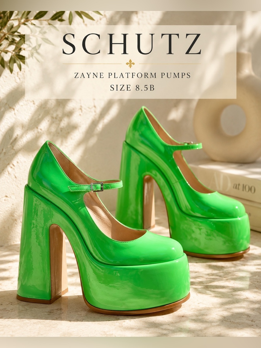 Schutz Zayne Platform Mary Jane Pumps Neon Green Patent Size 8.5B